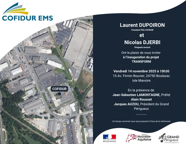 Verso du carton d'invitation Cofidur EMS : invitation à l'inauguration du projet TRANSFORM, plan aérien du site