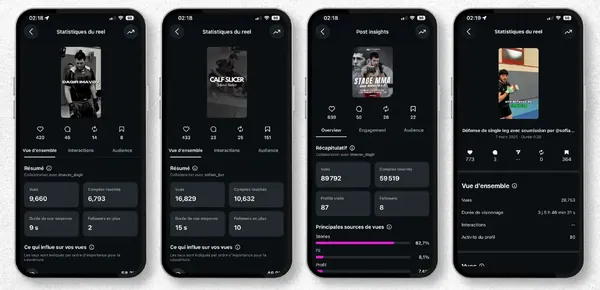 Statistiques Instagram des Reels et de la publication du stage MMA : vues, comptes touchés, interactions